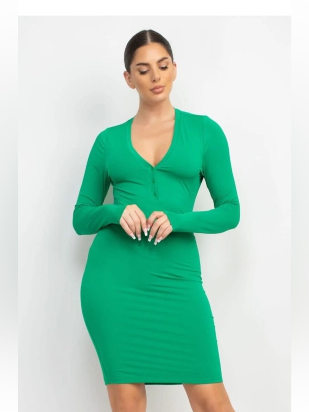 Long Sleeve V-Neck Bodycon Dress in Green